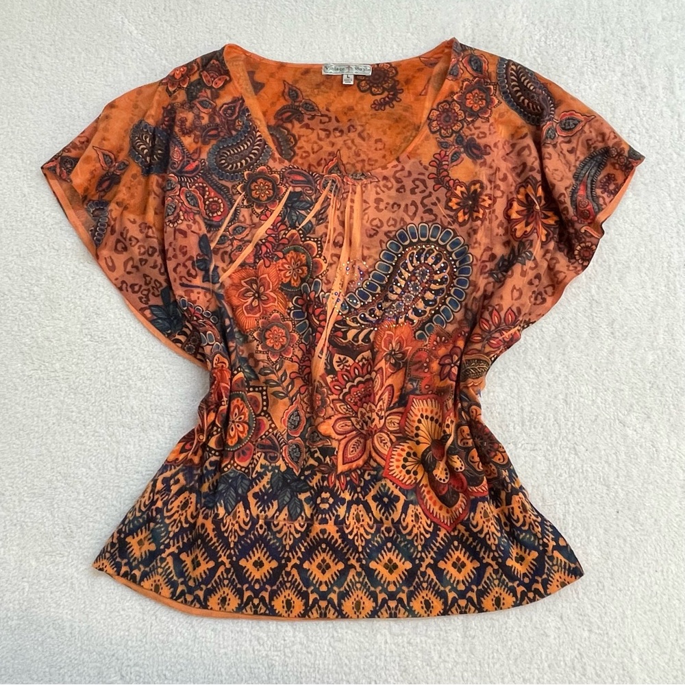 Vintage Suzie Orange Paisley Blouse Batwing Flutter Short Sleeve Wide Hem L Lrg